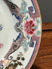 Four Chinese famille rose plates with flowers and animals, Yongzheng/Qianlong