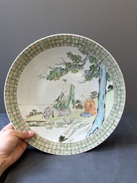 A Chinese famille verte dish, a famille rose basin and a dish, 19th C.