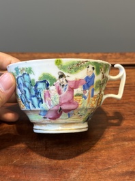 A rare Chinese Canton famille rose covered sugar bowl, a cup and saucer, 19th C.