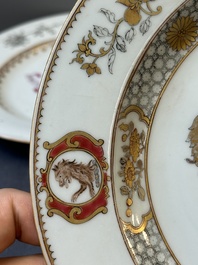 A Chinese grisaille armorial dish and two plates for the Dutch, English and Scottish markets, Qianlong