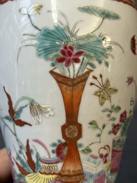 A small Chinese famille rose 'nine peaches' vase and an 'antiquities' vase, 19th C.