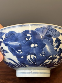 A Chinese blue and white 'birds among flowering branches' bowl, Shen De Tang Bo Gu Zhi 慎德堂博古製 mark, Kangxi
