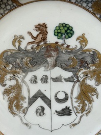 A Chinese grisaille armorial dish and two plates for the Dutch, English and Scottish markets, Qianlong