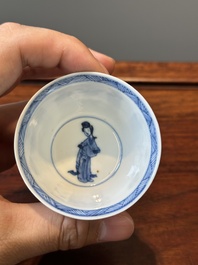 Six Chinese blue and white 'Long Eliza' cups and saucers, various marks, Kangxi