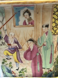 A pair of hexagonal Chinese Canton famille rose jardinieres on stands, 19th C.