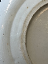A pair of Chinese monogrammed Canton famille rose plates with black-glazed rims, 19th C.