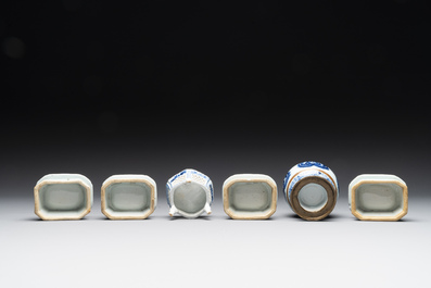 Five Chinese blue and white salts and a sprinkler with copper mounts, Kangxi/Jiaqing