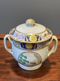A rare Chinese Canton famille rose covered sugar bowl, a cup and saucer, 19th C.