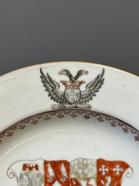 A Chinese grisaille armorial dish and two plates for the Dutch, English and Scottish markets, Qianlong