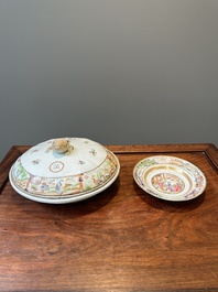 Une terrine couverte &agrave; deux compartiments et une assiette monogramm&eacute;e en porcelaine de Chine famille rose de Canton, 19&egrave;me