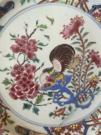 A pair of Chinese famille rose 'rooster' plates, Yongzheng