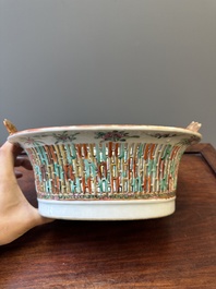 A Chinese Canton famille rose reticulated basket on stand and a bowl with gilt bronze mounts, 19th C.