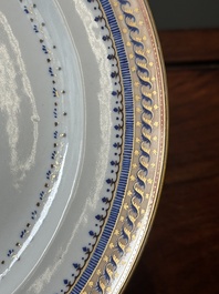 A Chinese blue-and-orange-enameled plate with a harbor view, Jiaqing