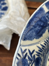 Four Chinese blue and white lobed 'phoenix and monkey' plates, flower mark, Kangxi