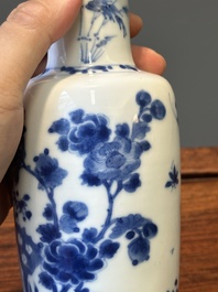 A Chinese blue and white rouleau vase and a tripod censer, Kangxi