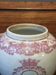 A 28-piece Chinese puce-enamelled and gilt armorial tea service with crowned monograms, Qianlong