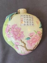A rare Chinese famille rose peach-shaped wall pocket vase with inscription, 19th C.