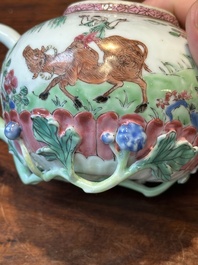 A pair of Chinese famille rose 'boy and buffalo' teapots, Yongzheng