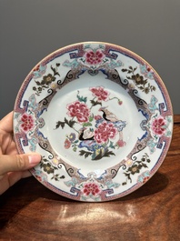 Four Chinese famille rose plates with flowers and animals, Yongzheng/Qianlong