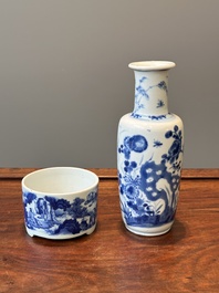 A Chinese blue and white rouleau vase and a tripod censer, Kangxi