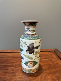 A Chinese famille verte 'mandarin duck and lotus' rouleau vase , 19th C.