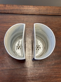 A pair of Chinese monochrome blue-glazed wall pocket vases, 19/20th C.