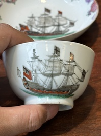A rare Chinese famille rose 'European merchant ship' cup and saucer, Qianlong