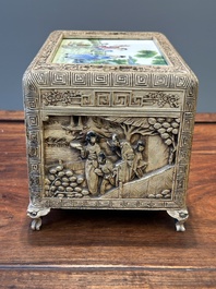 A Chinese Canton carved wooden casket with a famille rose plaque, Republic