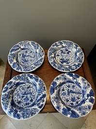 Four Chinese blue and white lobed 'phoenix and monkey' plates, flower mark, Kangxi