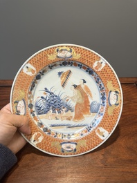 Three Chinese Imari-style 'Parasol ladies' plates after Cornelis Pronk, Qianlong