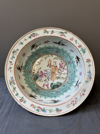 A Chinese famille verte dish, a famille rose basin and a dish, 19th C.