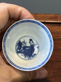 Six Chinese blue and white 'Long Eliza' cups and saucers, various marks, Kangxi