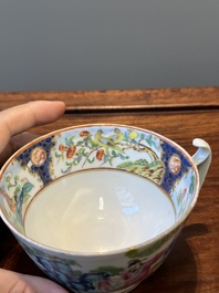 A rare Chinese Canton famille rose covered sugar bowl, a cup and saucer, 19th C.