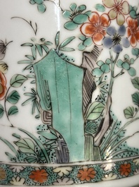 A Chinese famille verte cylindrical box and cover with gilt bronze mount, Kangxi