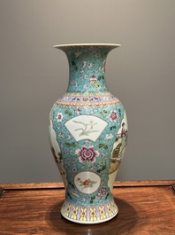 A Chinese famille rose dish with figural design and a 'rice production' vase, Qianlong mark, 20th C.