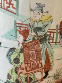 A Chinese famille verte rouleau vase with narrative design, 19th C.