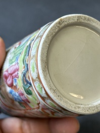 A pair of Chinese reticulated Canton famille rose brush pots, 19th C.