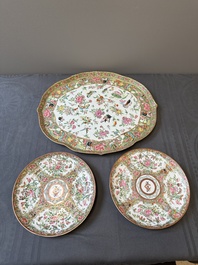 A pair of Chinese Canton famille rose monogrammed plates and a large '100 butterflies' tray, 19th C.
