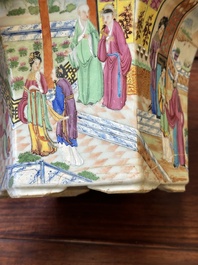 A pair of hexagonal Chinese Canton famille rose jardinieres on stands, 19th C.