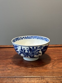 A Chinese blue and white 'birds among flowering branches' bowl, Shen De Tang Bo Gu Zhi 慎德堂博古製 mark, Kangxi
