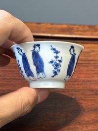 Six Chinese blue and white 'Long Eliza' cups and saucers, various marks, Kangxi