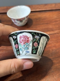Nine Chinese famille rose cups and eight saucers, Yongzheng/Qianlong