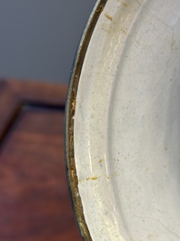 A large Chinese Canton enamel blue-ground 'shou' candlestick, Qianlong/Jiaqing
