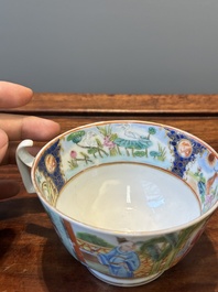 A rare Chinese Canton famille rose covered sugar bowl, a cup and saucer, 19th C.