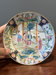 A rare Chinese Canton famille rose covered sugar bowl, a cup and saucer, 19th C.