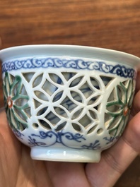 A rare Chinese reticulated double-walled famille verte cup, Kangxi