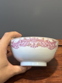 A 28-piece Chinese puce-enamelled and gilt armorial tea service with crowned monograms, Qianlong