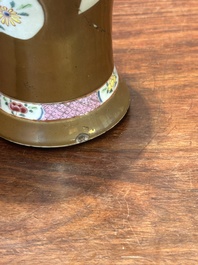 A Chinese capucin-brown-ground famille rose garniture of five vases with floral design, Qianlong
