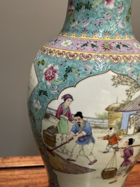A Chinese famille rose dish with figural design and a 'rice production' vase, Qianlong mark, 20th C.