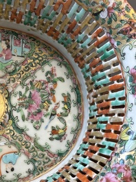 A Chinese Canton famille rose reticulated basket on stand and a bowl with gilt bronze mounts, 19th C.